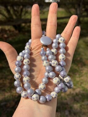 Japan signed Lavender Polka Dot Double Stranded Beaded Necklace Box Clasp